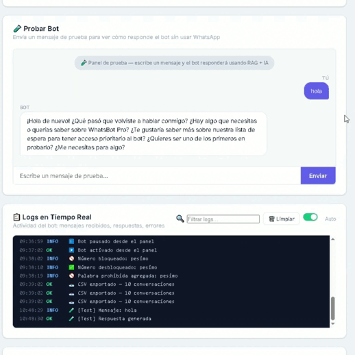Panel de control de WhatsAppBot Pro mostrando conversaciones automatizadas en tiempo real